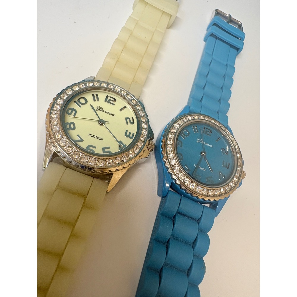 Geneva Platinum 6886 Rhinestone Bezel Silicone Band Watch Set Blue & Cream 2pc